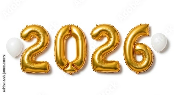 Fototapeta A celebratory arrangement of golden foil balloons forming the year twenty twenty six on white backdrop