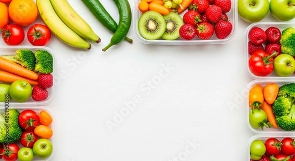 Fototapeta Top down view of fruit and vegetables in plastic containers on a white surface for meal prepping idea