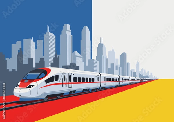 Fototapeta Futuristic electric bullet train on a railroad track with a metropolitan cityscape silhouette. A colorful vector illustration for transportation and travel concepts