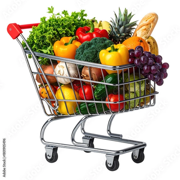 Obraz Shopping cart full of fresh vegetables, fruits and other healthy grocery food. Isolated on transparent background.