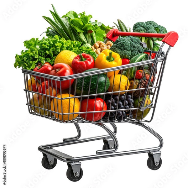 Obraz Shopping cart full of fresh vegetables, fruits and other healthy grocery food. Isolated on transparent background.