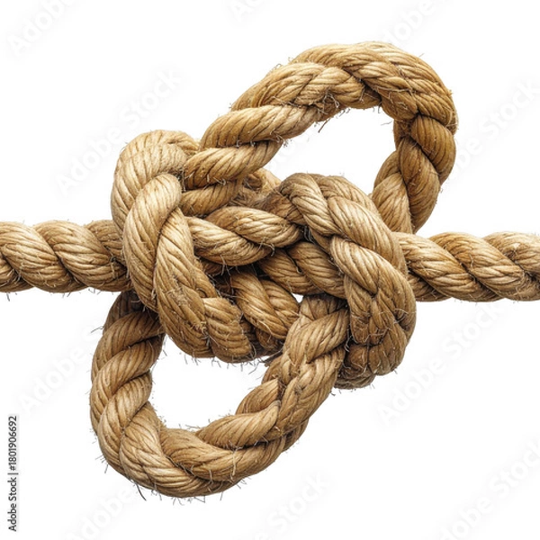 Obraz Thick natural fiber rope tied in a complex, strong knot. Isolated on transparent background.
