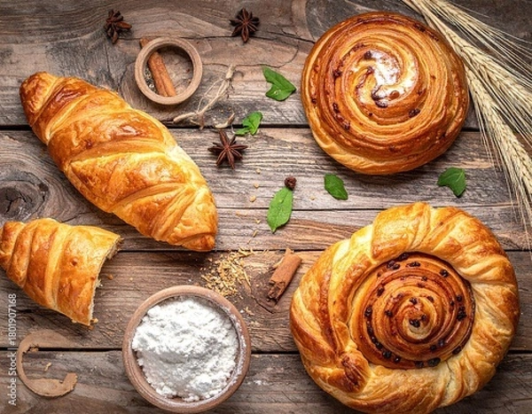 Fototapeta Golden Brown Pastries on Rustic Wooden Table
