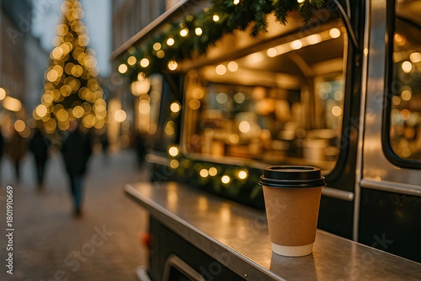 Obraz Warm coffee cup on a holiday market stall with festive lights in the background