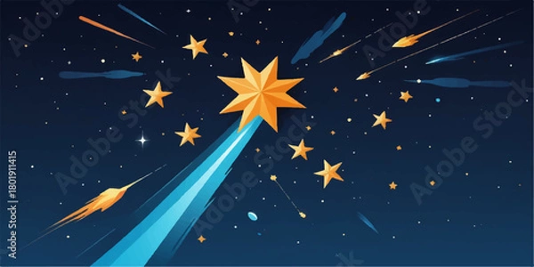 Fototapeta Space rocket illustration flying through a seamless night sky pattern with bright stars and a blue moon