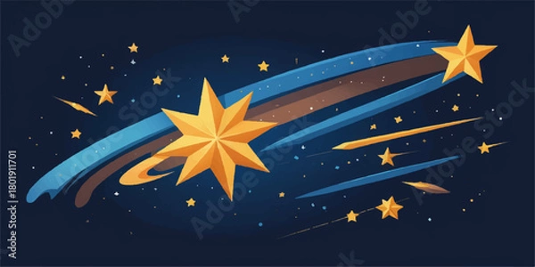 Fototapeta Bright vector illustration of a dark night sky with a glowing rocket flying past the moon and stars, perfect for a Christmas or new year card design