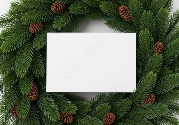 Obraz Christmas wreath with blank card isolated on white background