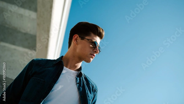 Fototapeta A young handsome man in a denim jacket and sunglasses stands confidently against a concrete wall, enjoying the sunny weather with a clear blue sky. Generative AI.