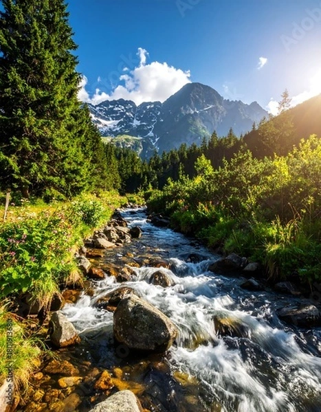 Fototapeta Clear mountain stream flowing through lush, green valley with towering peaks