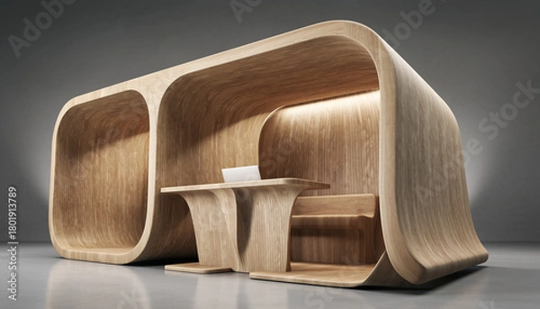 Obraz Captivating modern wooden reception desk and seating area with integrated laptop, perfect for contemporary office design inspiration