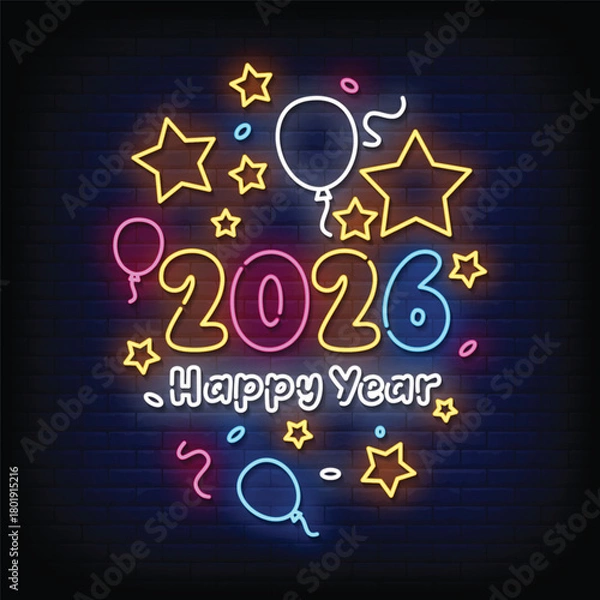 Fototapeta 2026 new year neon signboard with brick wall background vector