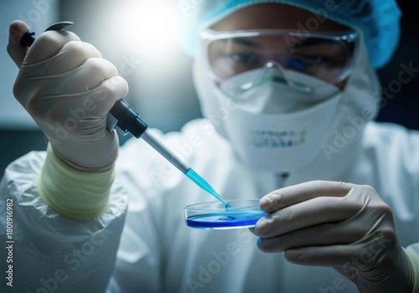 Obraz Scientist in protective gear performing experiment with pipette and petri dish isolated on white background