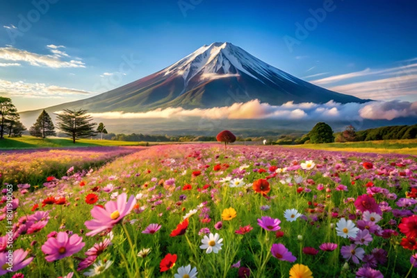 Fototapeta Japanese-style flower meadow with Mount Fuji in the background, anime-poster composition, bright tones, no people