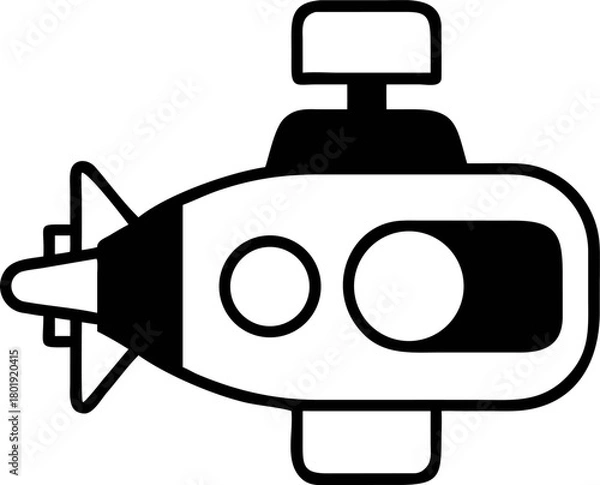 Fototapeta Streamlined Submersible Silhouette Vector Illustration of a Solid Black Submarine with Visible Periscope and Windows