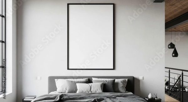 Fototapeta Minimalist Bedroom with Blank Frame and Large Window, Interior, Design, Home