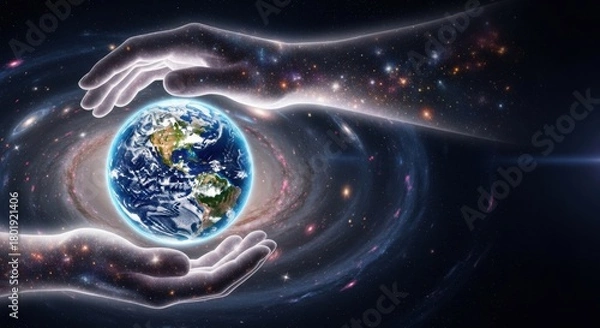 Fototapeta Celestial Hands Cupping the Earth in the Cosmos, Planet, World, Cosmic