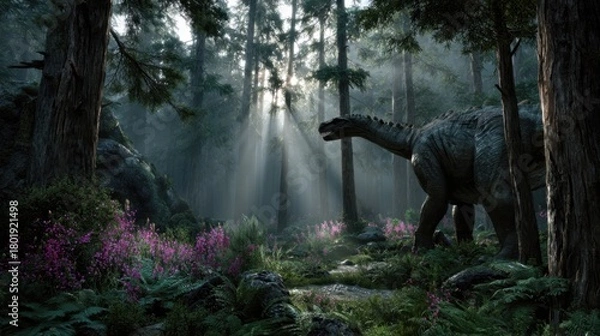 Obraz Dinosaur Walking Through a Forest with Sunlight Streaming Through Trees