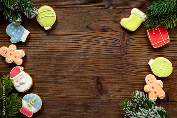 Fototapeta Flat lay of Christmas gingerbread cookies and New Year with fir branches on dark wooden background, top view. Greeting concept