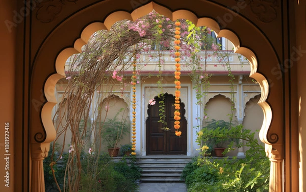 Obraz Spring Festival Courtyard Arch Backdrop with Blossoms, Vines and Warm Sunlight