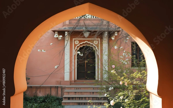 Obraz Spring Festival Courtyard Arch Backdrop with Blossoms, Vines and Warm Sunlight