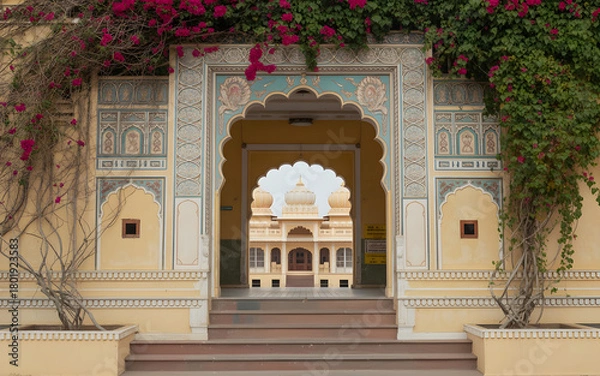 Obraz Mysore Royal Archway Backdrop with Intricate Carvings, Bougainvillea and Polished Stone Steps