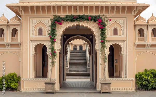 Obraz Mysore Royal Archway Backdrop with Intricate Carvings, Bougainvillea and Polished Stone Steps