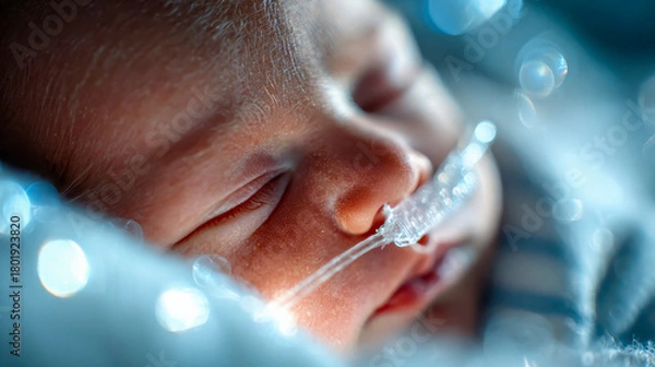 Obraz Close-up of a sleeping newborn baby with a breathing tube, representing neonatal care and medical support