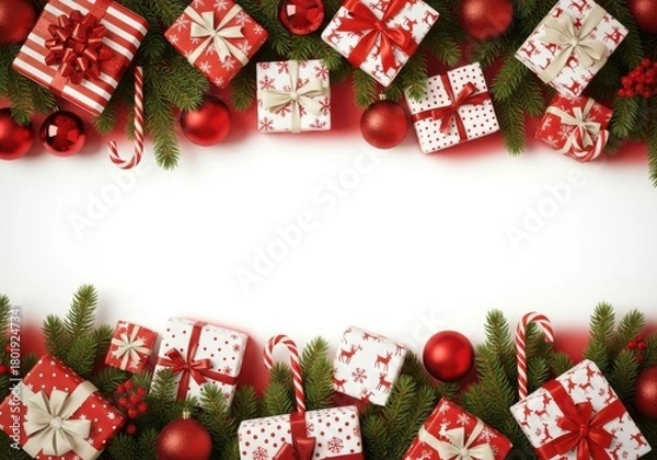 Obraz Christmas gifts and decorations border isolated on white background
