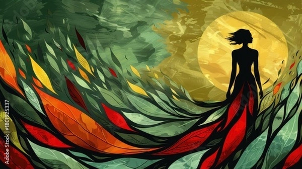 Fototapeta A striking silhouette of a woman stands gracefully amidst swirling autumn leaves, with a large sun in the background, creating a dynamic and colorful scene that evokes a sense of freedom and nature