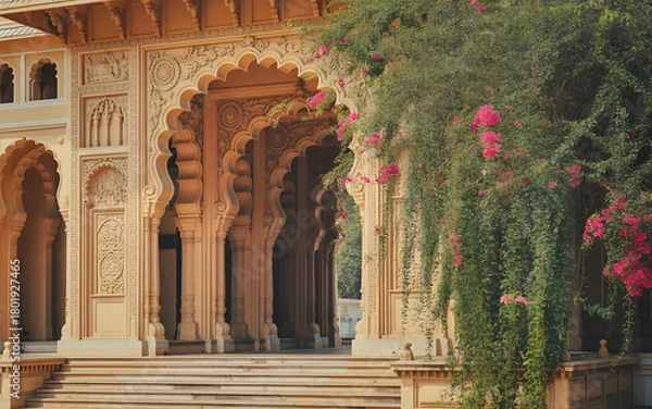 Obraz Mysore Palace Architecture Backdrop with Ornate Stone Archway, Carved Pillars and Bougainvillea Vines in Golden Sunlight