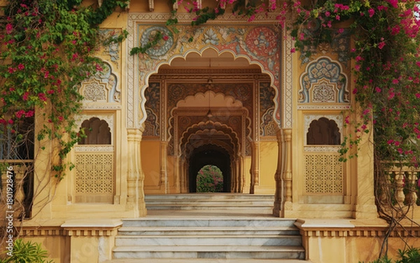 Obraz Mysore Palace Architecture Backdrop with Ornate Stone Archway, Carved Pillars and Bougainvillea Vines in Golden Sunlight