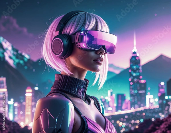 Obraz Magnifique portrait serré d'une très jolie femme blonde platine, dans un décor à l'ambiance futuriste, portant un casque de réalité virtuelle sur le visage, ainsi qu'un casque audio