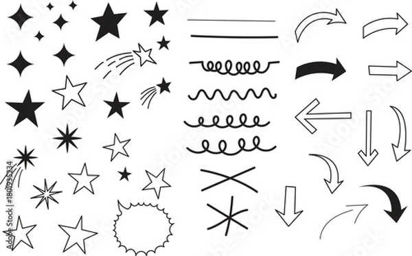 Fototapeta Hand drawn doodle elements stars arrows swirls and lines collection