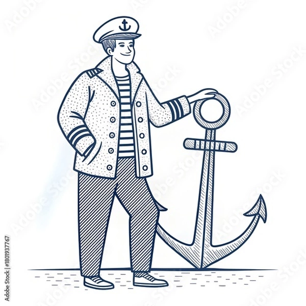 Fototapeta Sailor holding an anchor confidently in a minimal line art style.