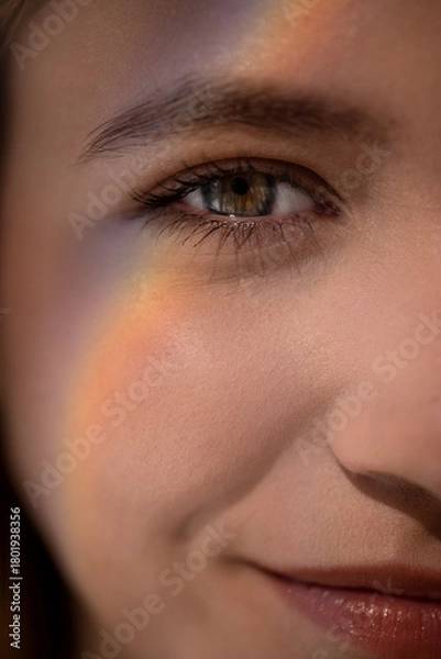 Fototapeta Close-up portrait of a young woman with a subtle rainbow reflection on her cheek, showcasing her bright eyes and soft smile, capturing a moment of serenity and beauty