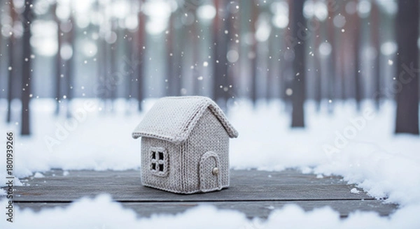 Fototapeta Cozy knitted miniature house on a snowy wooden surface in a winter forest. Soft falling snow, blurred pine trees and gentle bokeh lights create a magical Scandinavian Christmas atmosphere