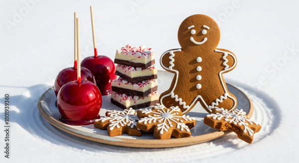 Fototapeta Festive Christmas plate in the snow: glossy red candy apples on sticks, smiling gingerbread man, snowflake cookies, peppermint bark stack, bright winter sunlight, holiday sweets flatlay
