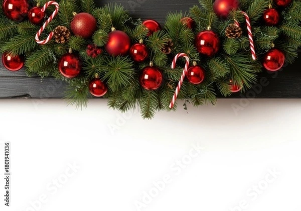 Obraz Festive christmas wreath with red ornaments and candy canes isolated on white background