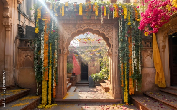 Obraz Festive Indian Courtyard Backdrop with Floral Stone Archway, Marigold Garlands, Rangoli and Spring Celebration Decor