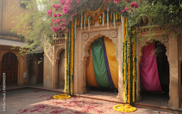 Obraz Festive Indian Courtyard Backdrop with Floral Stone Archway, Marigold Garlands, Rangoli and Spring Celebration Decor