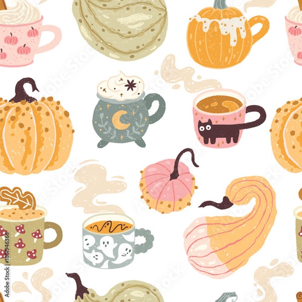 Obraz Autumn seamless pattern with various cozy hot drinks in cute cups and pumpkins. Hand-drawn vector illustrations in cartoon trendy textured pastel style. Halloween theme.