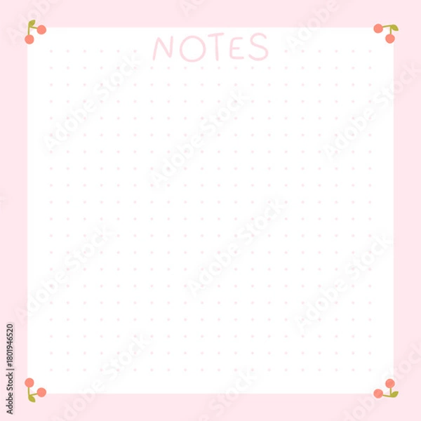 Obraz Cute kawaii Note template square vector frame with cherries. Cartoon hand-drawn doodle style. Perfect for stationery, design stickers for notes, notebook sheets, posts for social networks.