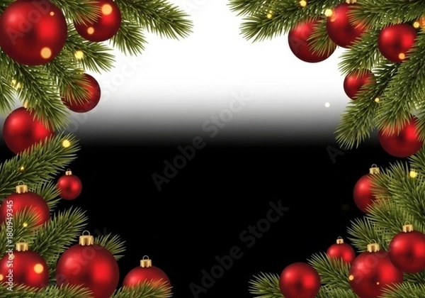 Obraz Christmas tree garland border with red ornaments isolated on white background