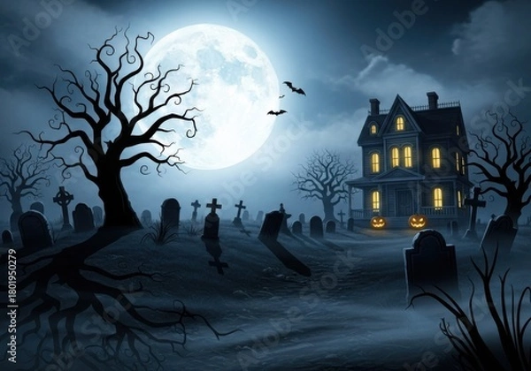 Obraz Spooky Halloween night with a haunted house and castle under the moon