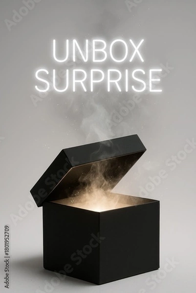 Fototapeta Black gift box with open lid glowing magical light inside concept of unboxing surprise mystery product reveal isolated on neutral background