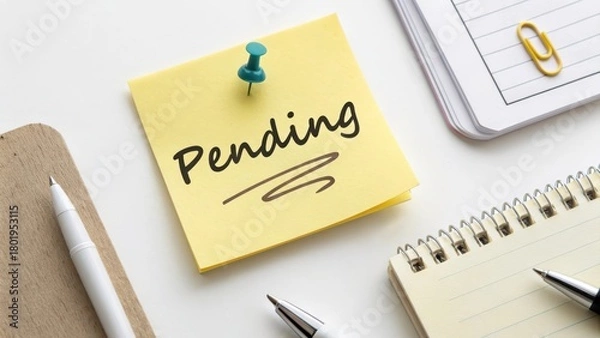 Fototapeta Yellow Sticky Note Pinned With Pushpin Saying Pending