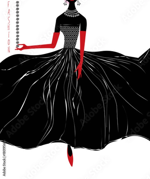 Obraz vector illustration with a fashion style woman in evening black dress and long red gloves