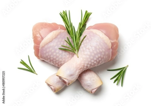 Obraz Two raw chicken drumsticks with rosemary isolated on white background