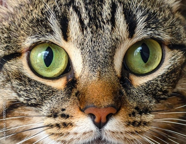 Obraz Close-up of a domestic tabby cat's face with striking green eyes