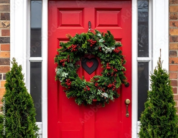 Fototapeta Close-up of a festive red front door with a Christmas wreath